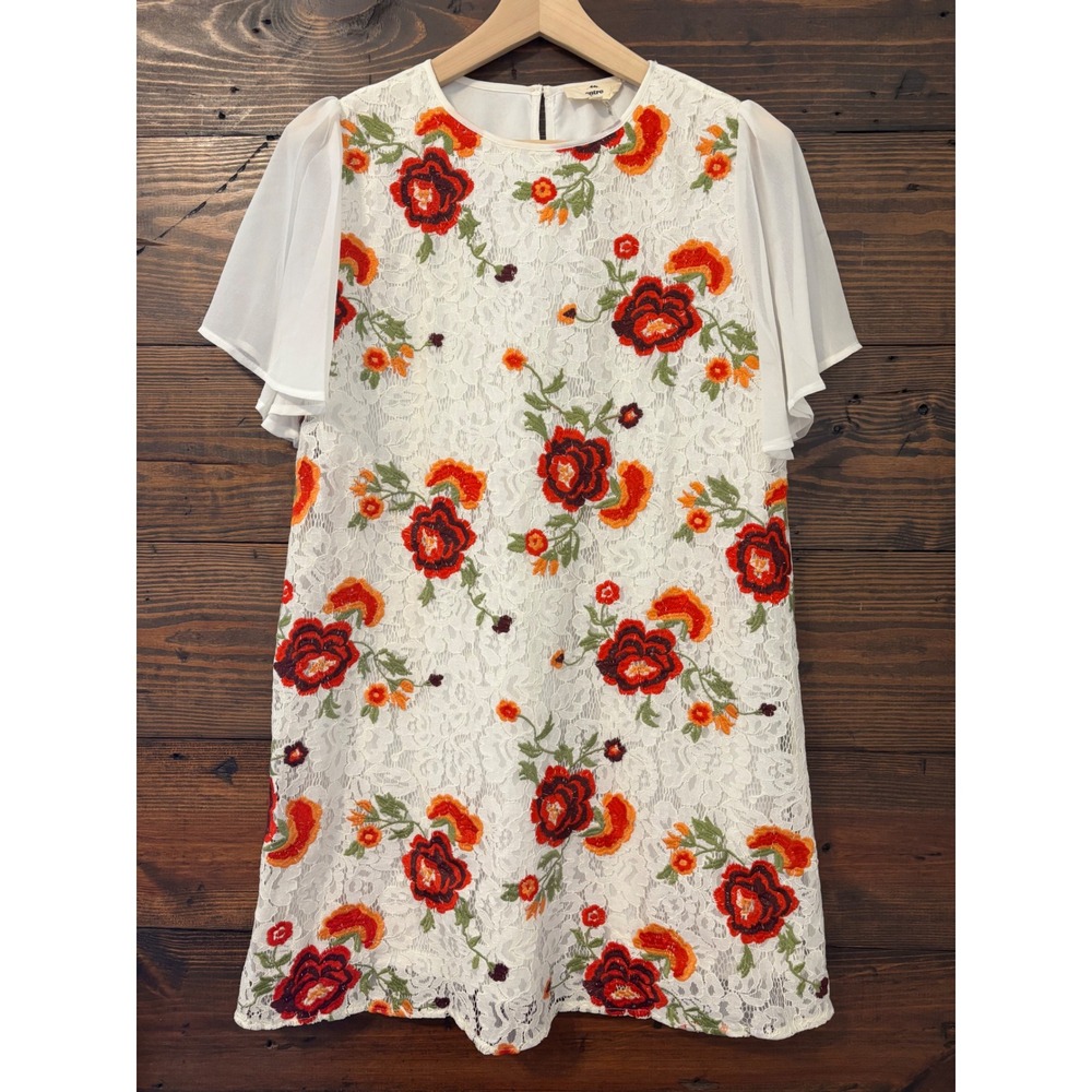 Entro Lace Shift Dress Women's M White Red Floral Embroidered Cottagecore Boho